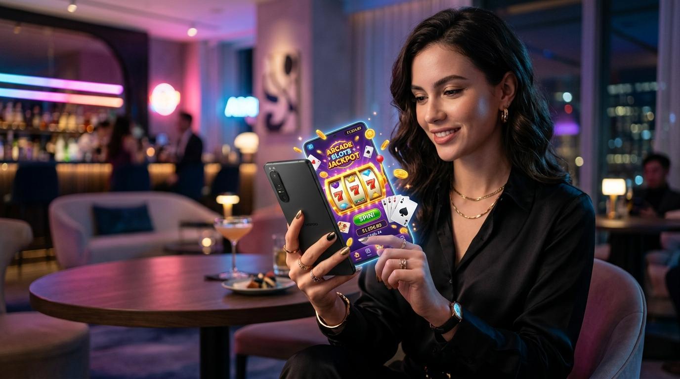 Player holding an Android smartphone displaying a vibrant mobile casino arcade game in a modern lounge